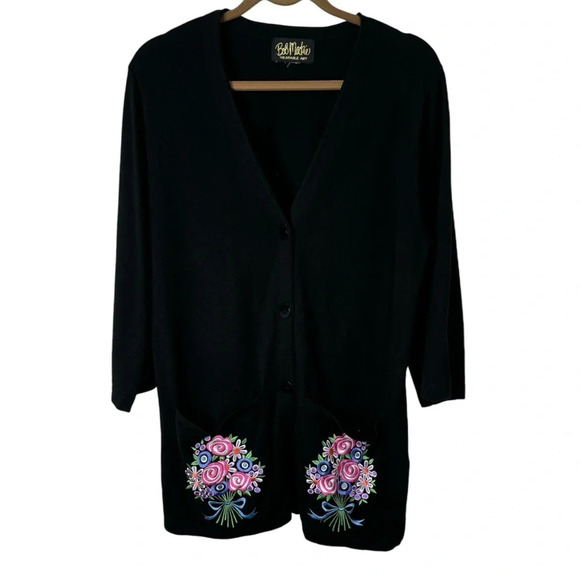 Bob Mackie Sweaters - Bob Mackie Wearable Art Cardigan Large Knit Embroidered Pockets